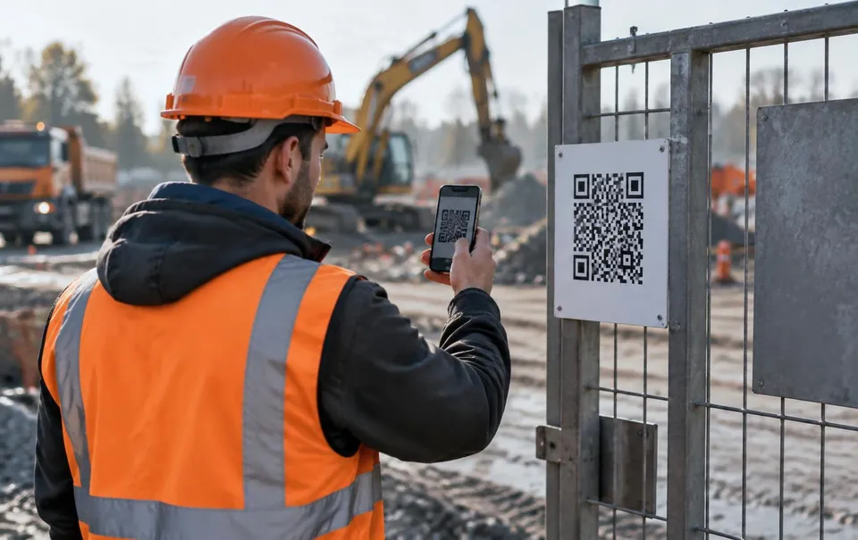 A worker scanning a QR code on a site gate with his phone to sign in