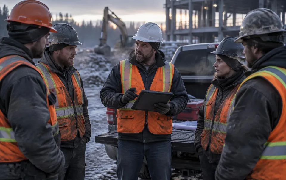 A foreman running a tailgate safety meeting with his crew beside a work truck at dawn