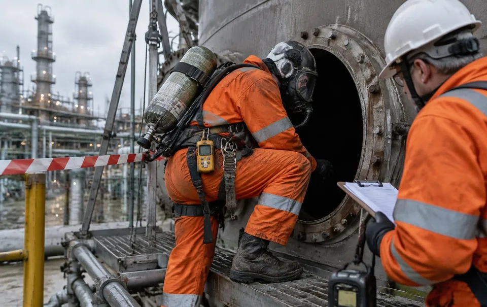 A permit-controlled confined space entry with an attendant watching at the manway