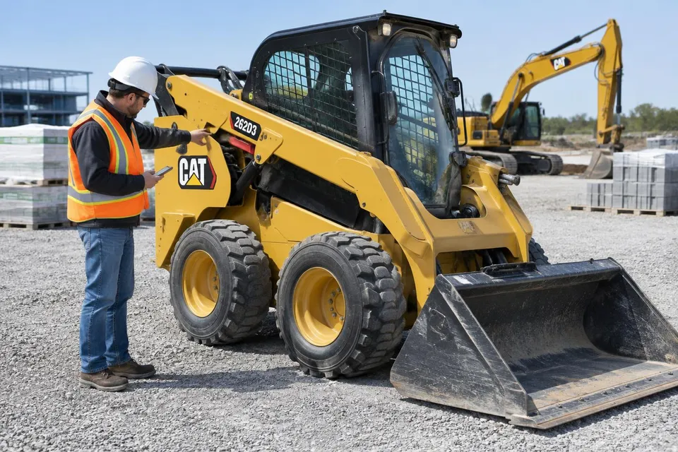 An operator carrying out a pre-use walkaround inspection on a skid steer