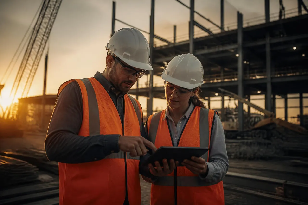 Two construction workers in high-visibility vests and hardhats reviewing a tablet on an active jobsite at golden hour