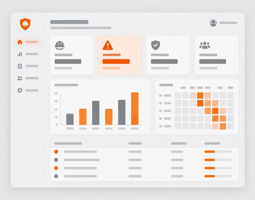 Illustration of a safety dashboard with indicator tiles, a trend chart, and a hazard heat-map