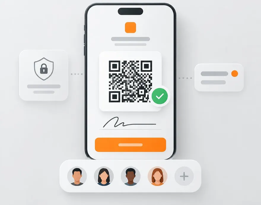 Illustration of a QR sign-in screen with a certification check and a signature